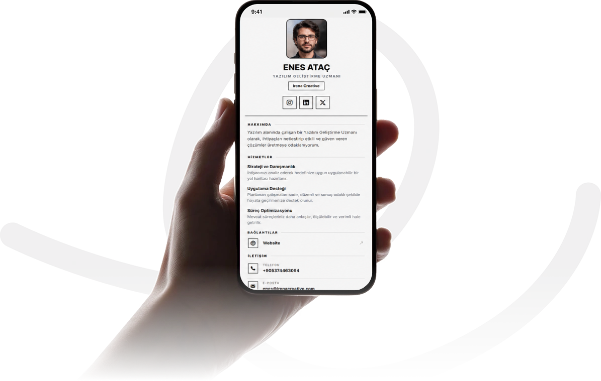 IrenaConnect dijital kartvizit ve NFC kart önizlemesi
